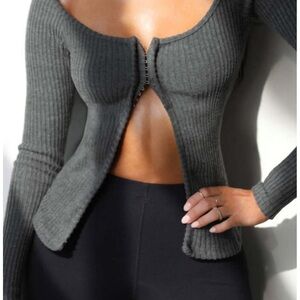 JOAH Brown hook and eye cardigan in sand Women's Ribbed Top